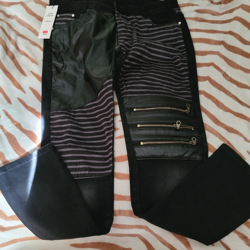 Mengbell Fashion Jeans/ black patch pu leather w Movable Zippers